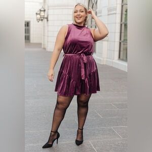 Velvet Mock Neck Tie Waist Dress | Plum Holiday Party Mini Dress